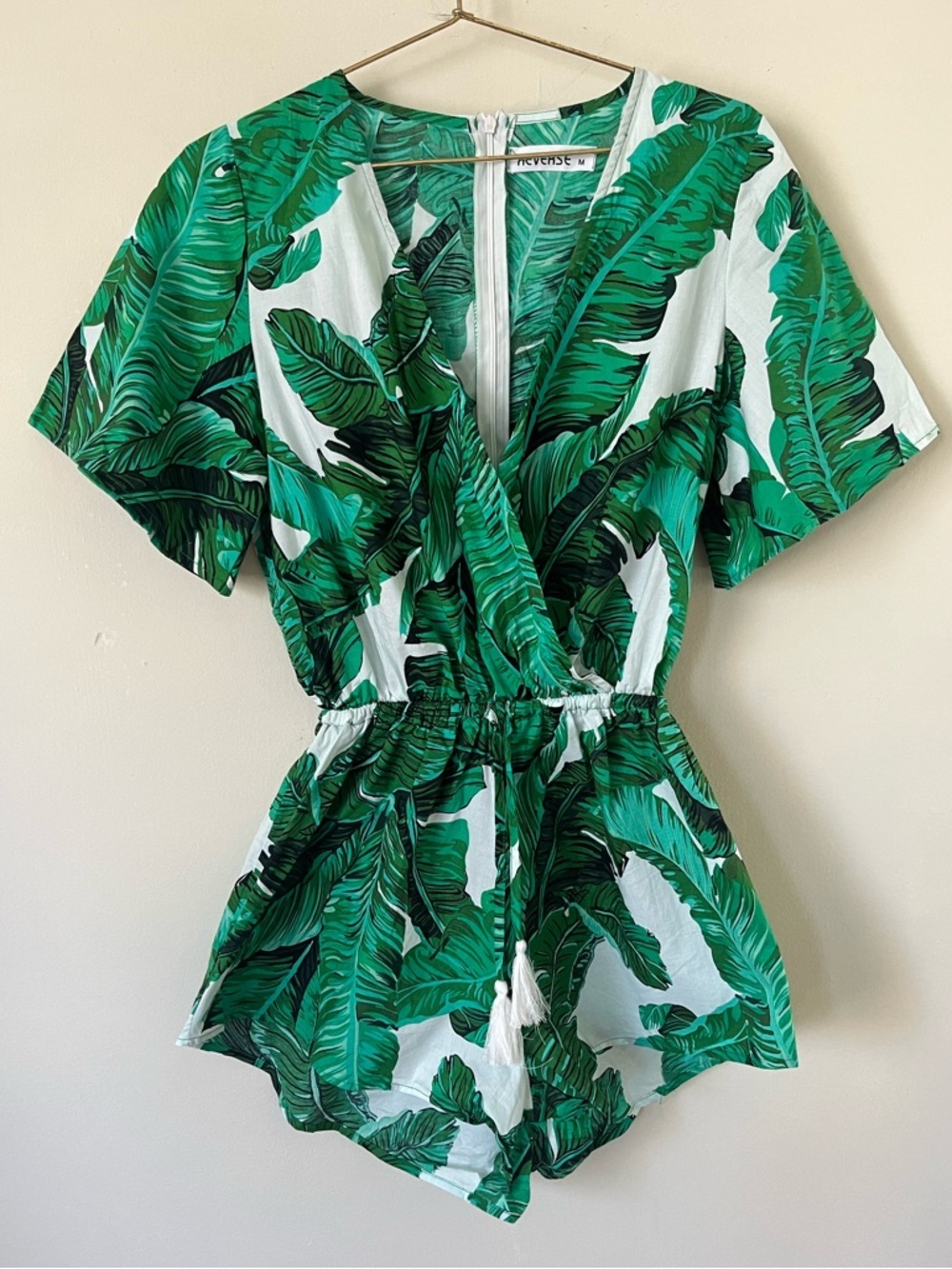 Reverse Green Leaf Print One-Piece boho summer vacation Romper M